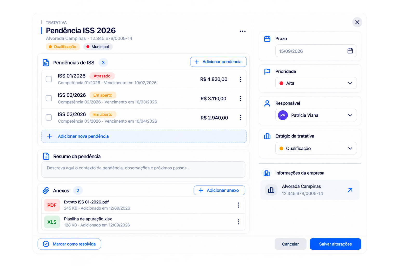 Tarefa com responsável, prazo e prioridade